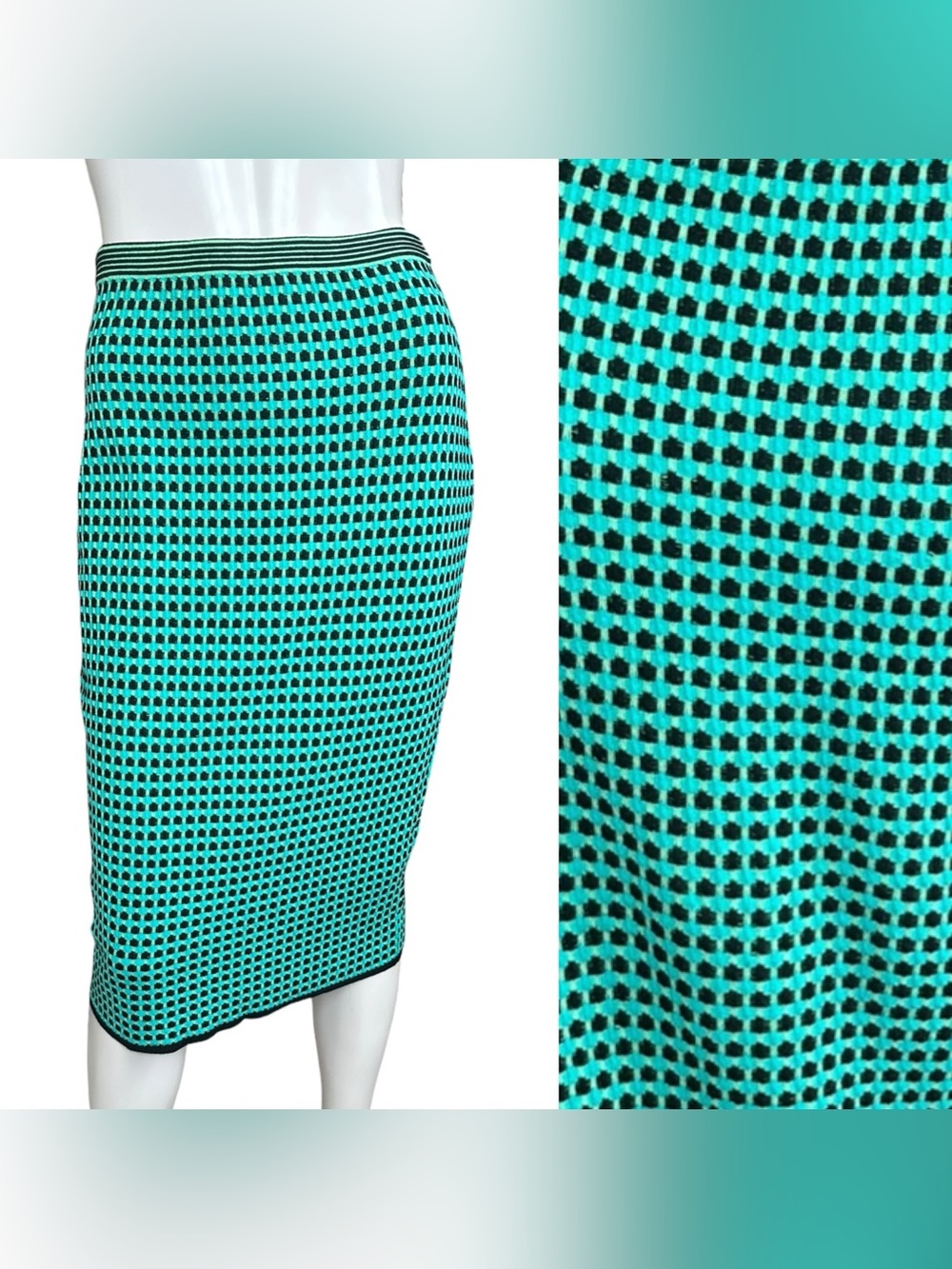 Diane Von Furstenberg Teal Black & Green Printed Knit Pencil Skirt Size P